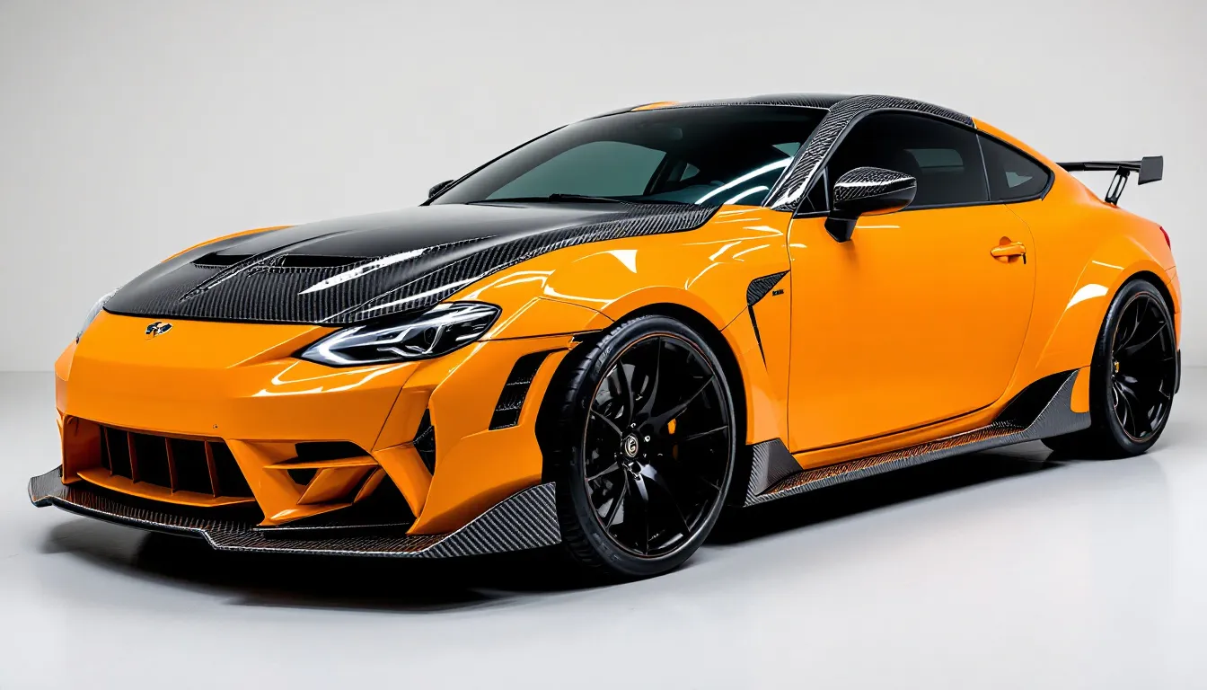 完成したカーボンシート施工車両は、艶やかな黒色のボディが特徴で、ルーフやボンネット、ドアミラーなどが美しくラッピングされています。お客様の愛車の施工例として、見た目の仕上がりが際立っており、気軽にお問い合わせください。