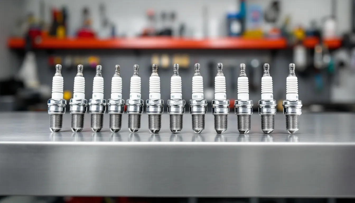 様々なタイプのスパークプラグが整然と並んでいる様子が描かれています。これらはエンジンの性能を維持するために重要で、スパークプラグの交換をおすすめする際に役立ちます。