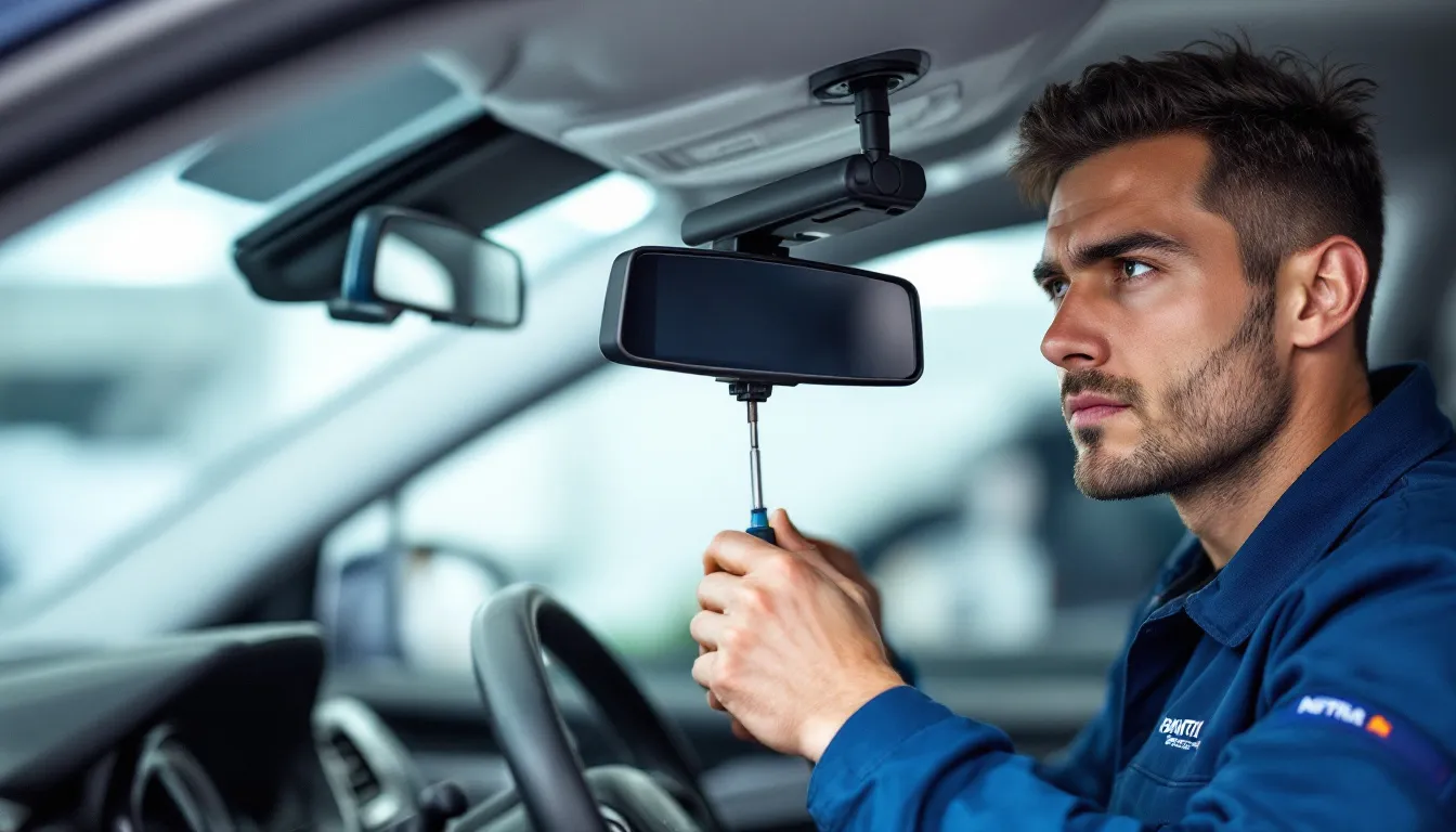 整備士がデジタルインナーミラーの取り付け作業を行っている様子が描かれています。作業中の整備士は、視野角を広げるための安全運転支援機能を備えたデジタルインナーを取り付けています。