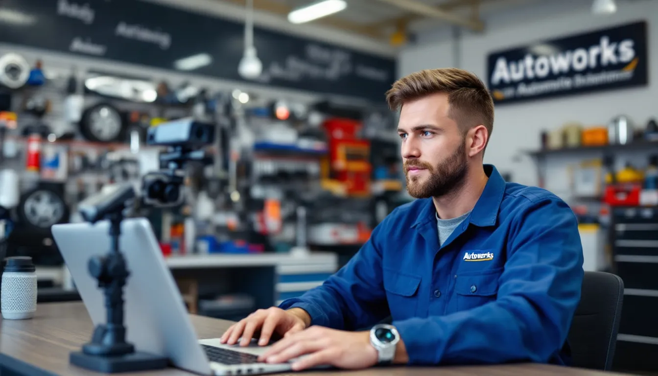 オートバックスの作業スタッフが、ドライブレコーダーの動作確認を行っている様子です。前後2カメラタイプのドライブレコーダーが設置され、映像のチェックをしている場面が描かれています。