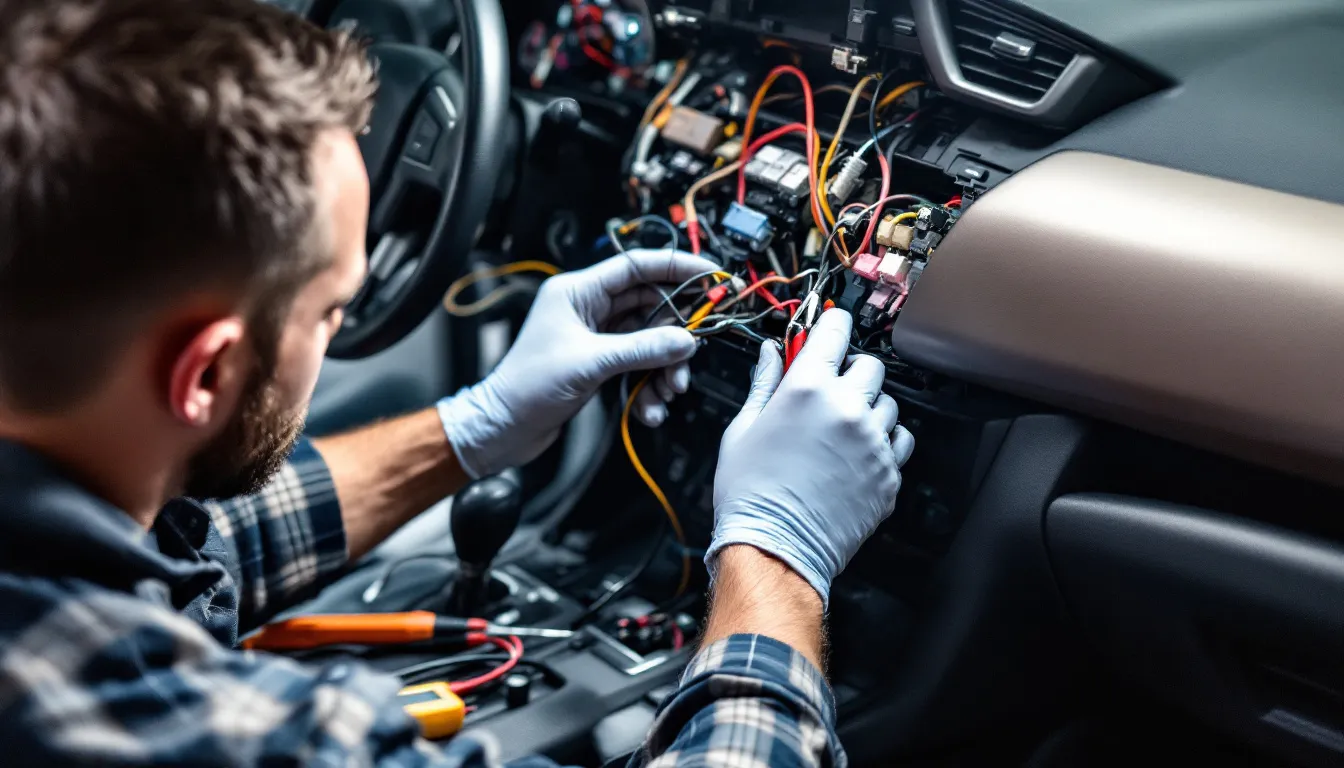 車内での複雑な配線作業の様子が描かれており、追加メーターやカーナビの取り付け作業が行われています。オートバックスのサービスを利用して、愛車のメンテナンスオプションを確認しながら進められています。