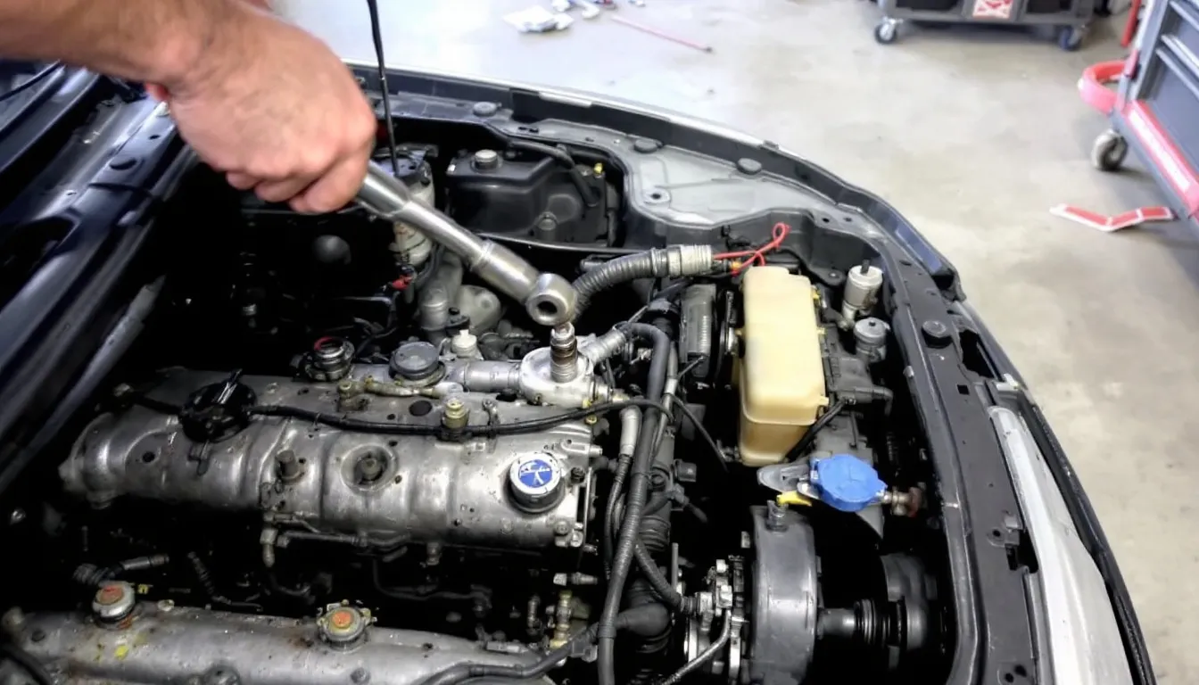 エンジンルームでスパークプラグが交換されている様子が描かれています。整備士が作業を行っており、エンジン内部の部品が見える状態で、スパークプラグの交換が進められています。