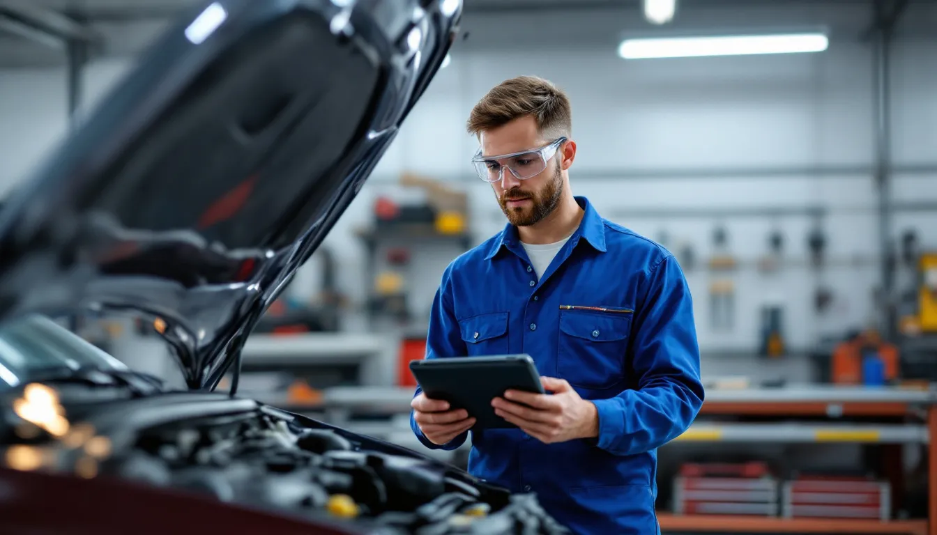 トヨタ車のプロの整備士が診断機器を使用している様子が描かれています。作業時間や工賃に関する詳細な点検を行い、サービス品質の向上を目指しています。