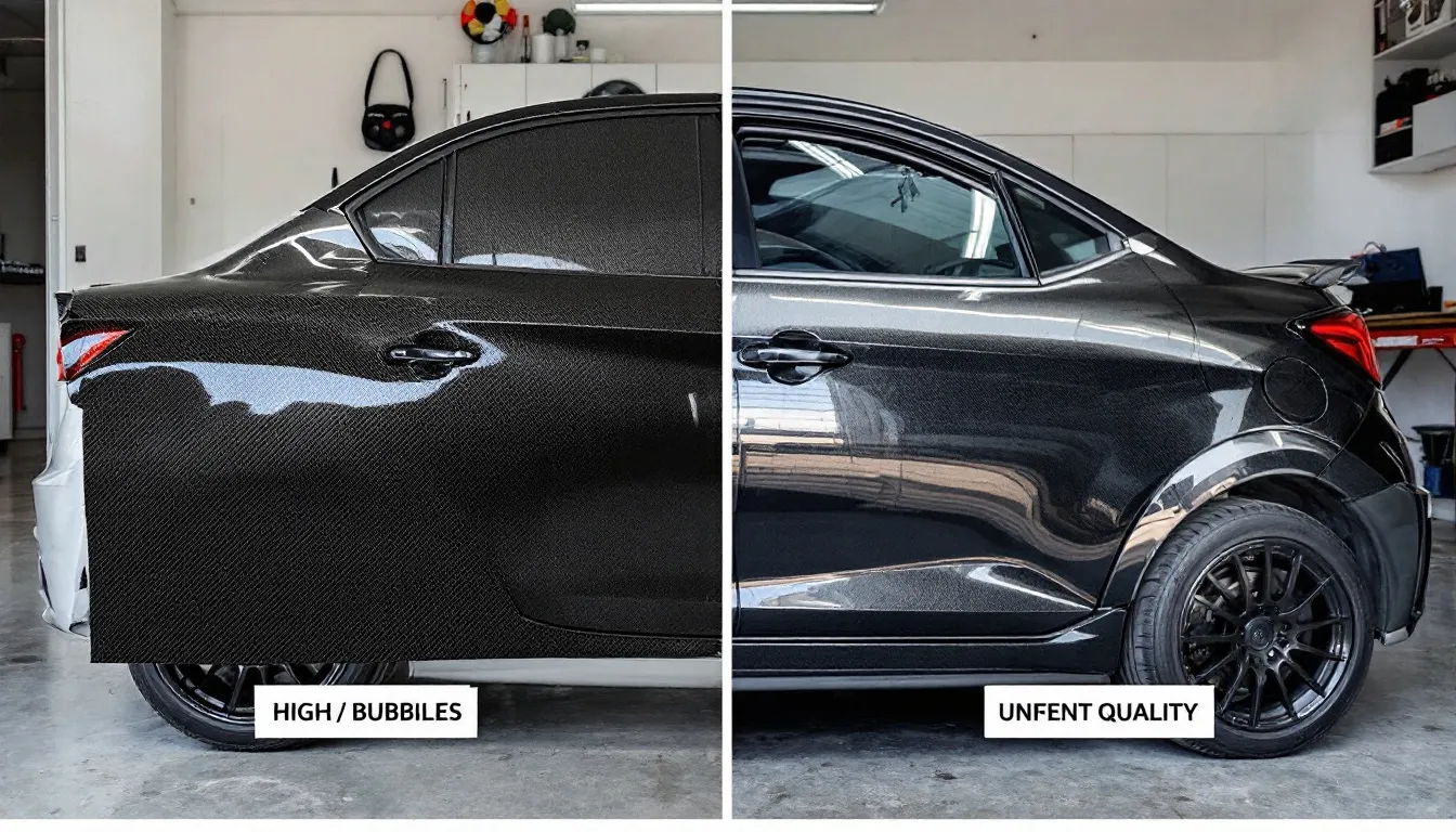 カーボンシート施工の品質比較を示す車両の画像です。ルーフやボンネット、サイドステップなど、さまざまな施工箇所の仕上がりが確認でき、カーラッピングのデザインや見た目の違いが際立っています。