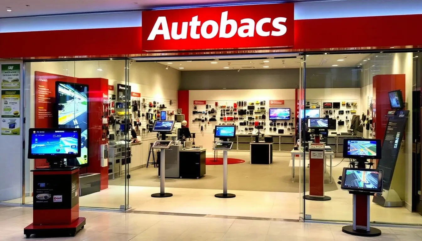 オートバックスの店舗外観が映り、店内には様々なカーナビが展示されています。カーナビの取り付けや工賃についての案内もあり、顧客が購入後に取り付けを依頼できる様子が感じられます。