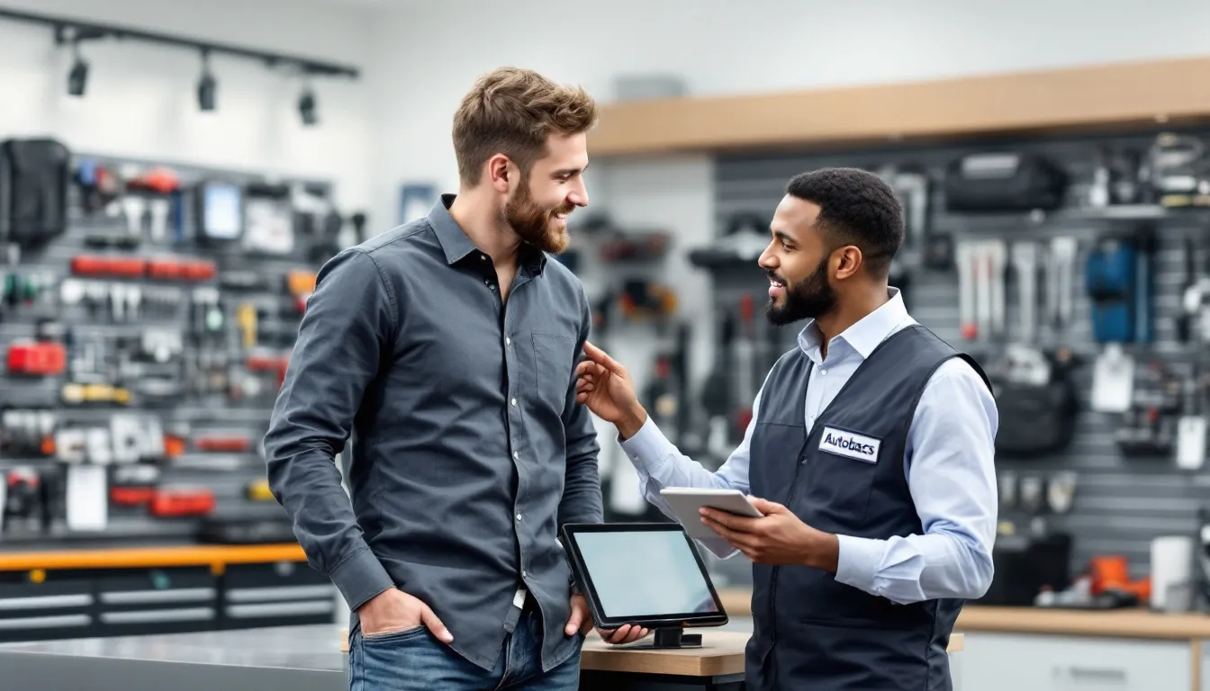 オートバックス店舗で、客がスタッフと一緒にデジタルインナーミラーの取り付け相談をしている様子。デジタルインナーは安全運転支援機能や常時録画機能を備えており、車両の後方視界を向上させるアイテムです。