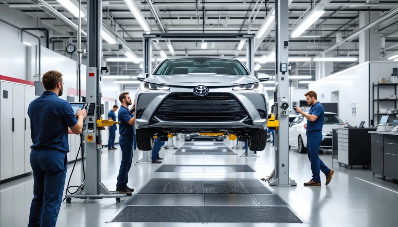 トヨタのディーラーのサービスベイでは、専門知識を持った技術者がプロフェッショナルな設備を使って車の修理作業を行っています。お客様には、作業時間や工賃についての見積もりが提示され、サービス品質の向上が図られています。