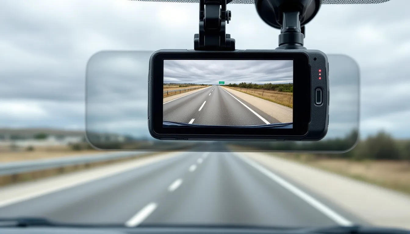 ダッシュボードに取り付けられたドライブレコーダーの画面には、前後2カメラの映像が表示されており、周囲の状況をリアルタイムで確認できます。このドライブレコーダーは、常時録画機能を備え、事故の際に重要な映像を記録することが可能です。