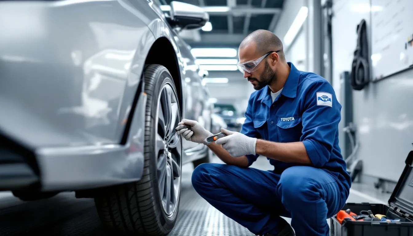 トヨタのサービス技術者が、効率的に複数のメンテナンス作業を行っている様子です。彼は専門知識を活かし、車の点検や修理作業を進めており、サービス品質の向上に努めています。