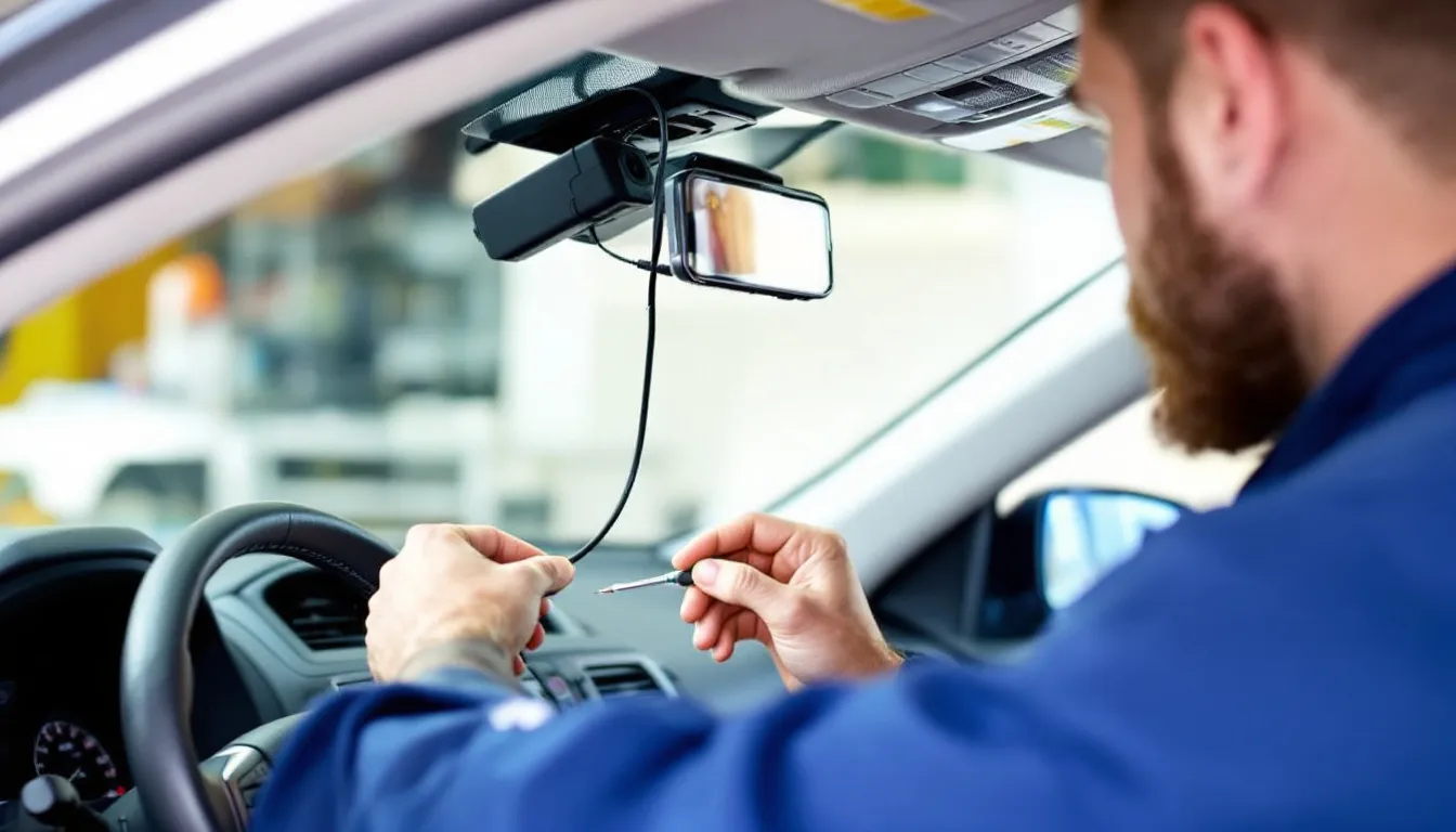 ドライブレコーダーの取り付け作業を行うスタッフが、車の内部で作業をしている様子が描かれています。スタッフは、前後2カメラタイプのドライブレコーダーを取り付けるために、慎重に配線を調整しているところです。