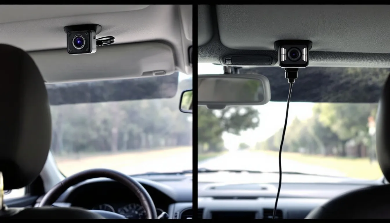 フロントとリアに設置された2カメラタイプのドライブレコーダーが映っており、車両の前後を同時に録画することが可能です。このドライブレコーダーは、常時録画機能を備え、事故などの映像を記録するのに役立ちます。