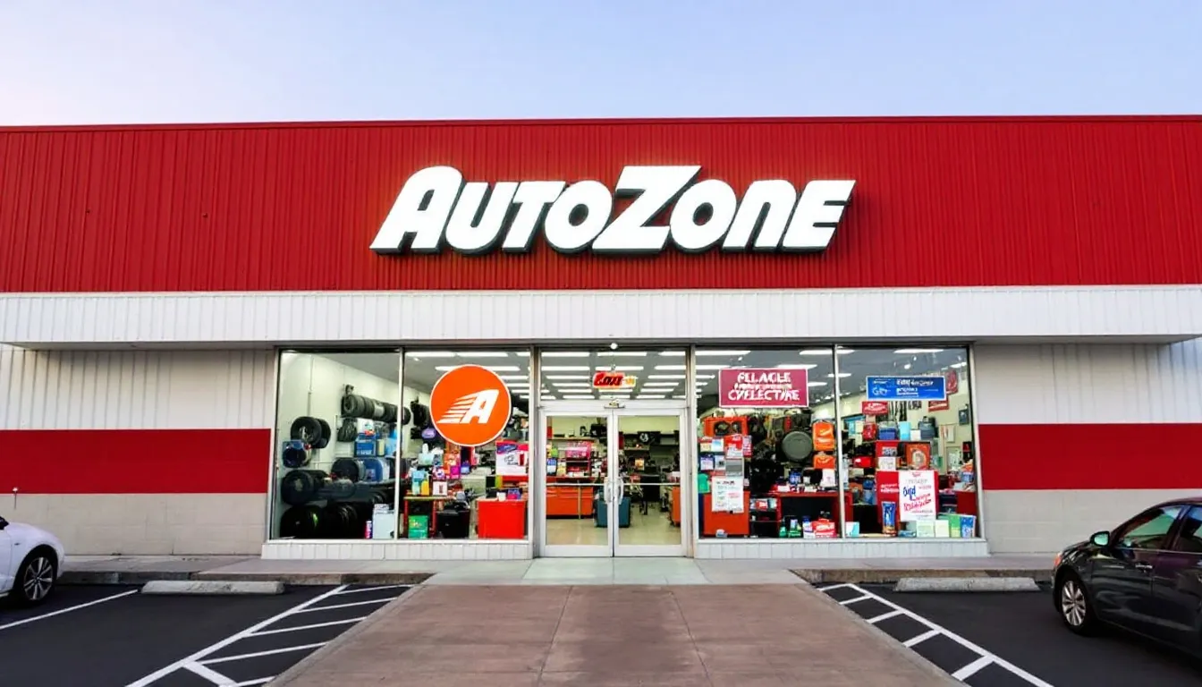 オートバックスの店舗外観には、目立つ看板が掲げられており、様々なカー用品やサービスが提供されていることが確認できます。店の前には、車両のメンテナンスオプションやエンジンオイルの交換などのサービスが行われる様子が見受けられます。