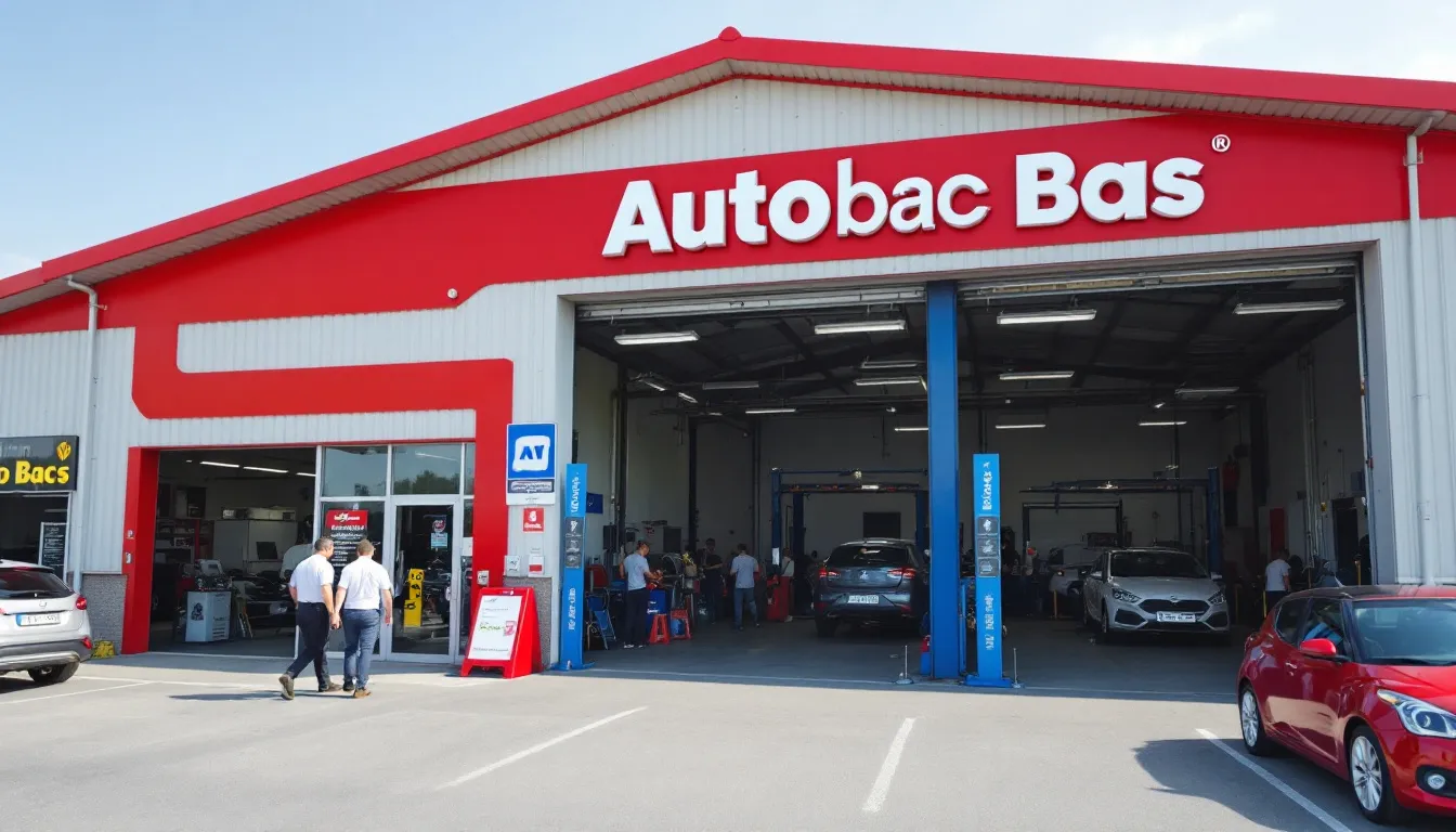 オートバックスの店舗外観とサービスピットの様子が描かれています。ドライブレコーダーの取り付け作業が行われており、整備士が車両の前後にカメラを設置している様子が見受けられます。