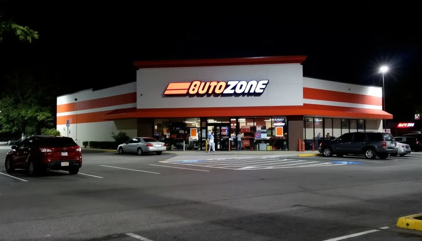 オートバックスの店舗外観には、明るい看板と広い駐車場があり、車が数台停まっています。店舗の前には、デジタル インナー ミラーやドライブ レコーダーの取り付けサービスが提供されていることを示す案内が設置されています。