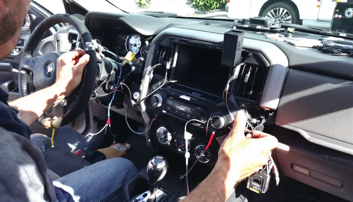 カーナビや追加メーターの取り付け作業風景が描かれており、整備士が車両の内部で作業を行っています。オートバックスの店舗内で、メンテナンスオプションや工賃についての情報も確認できる様子です。