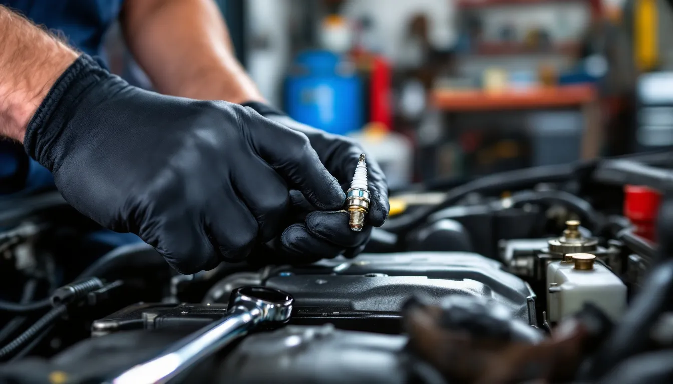 整備士がスパークプラグ交換作業を行っている手元の様子です。エンジン内部の部品を慎重に扱いながら、交換作業に集中しています。