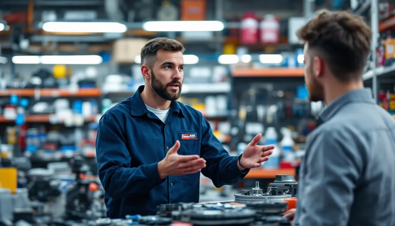 オートバックスの店内で、スタッフが顧客にスパークプラグの交換について説明している様子です。顧客はエンジンのメンテナンスや交換費用についての情報を受け取っています。