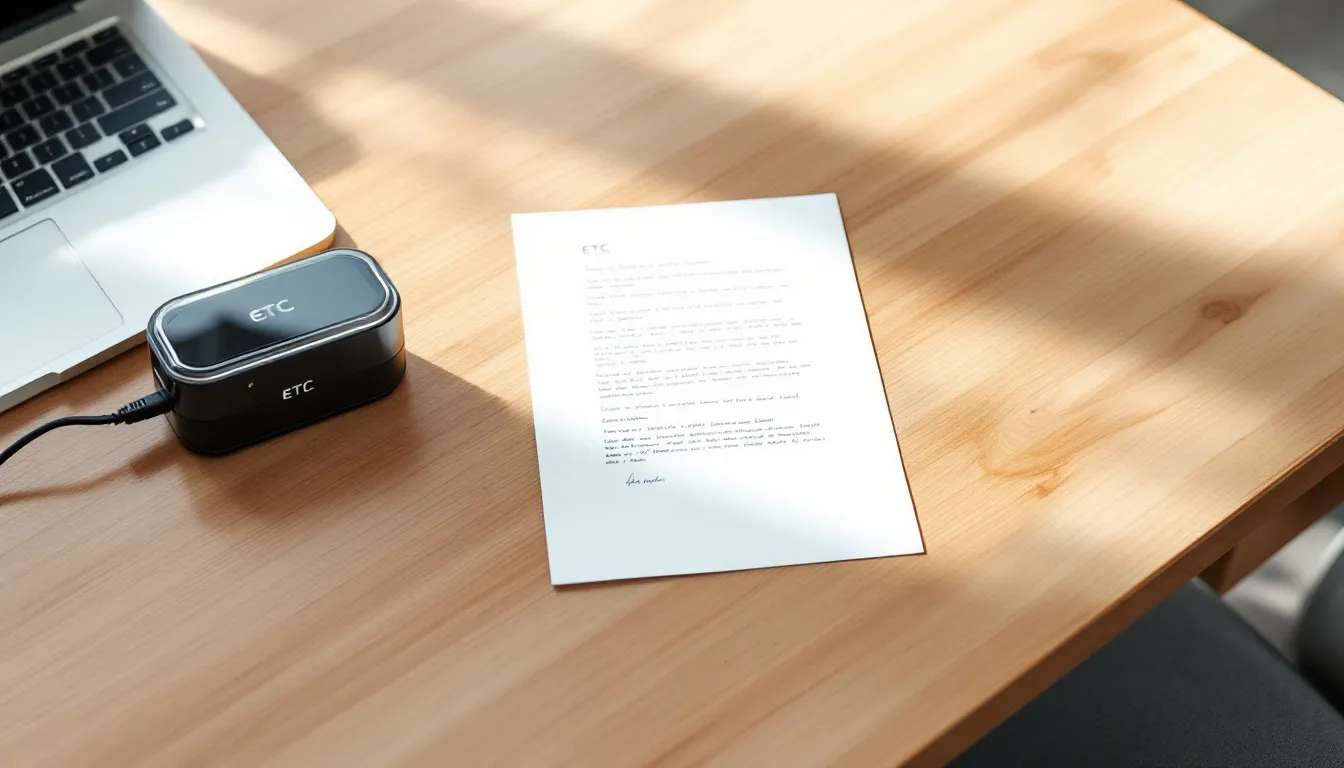 机の上には、ETC車載器とともに、車載器のセットアップに必要な委任状書類が並んでいます。書類には法人名や使用者名義などの情報が記入されており、セットアップ作業に向けた準備が整っています。